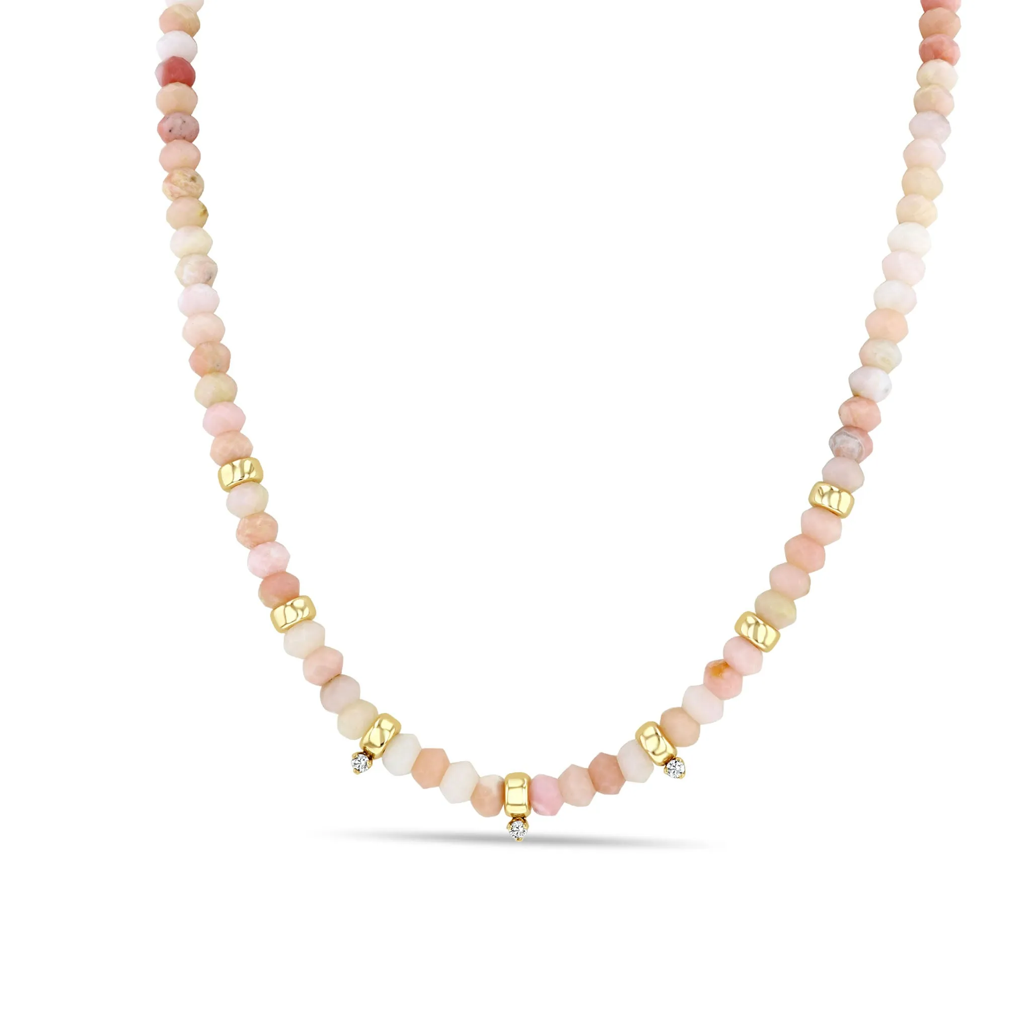 14k Gold & Faceted Pink Opal Rondelle Bead Necklace with 3 Prong Diamonds