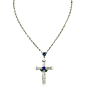 1928 Jewelry Blue Rose Enamel Cross Pendant Necklace 30"