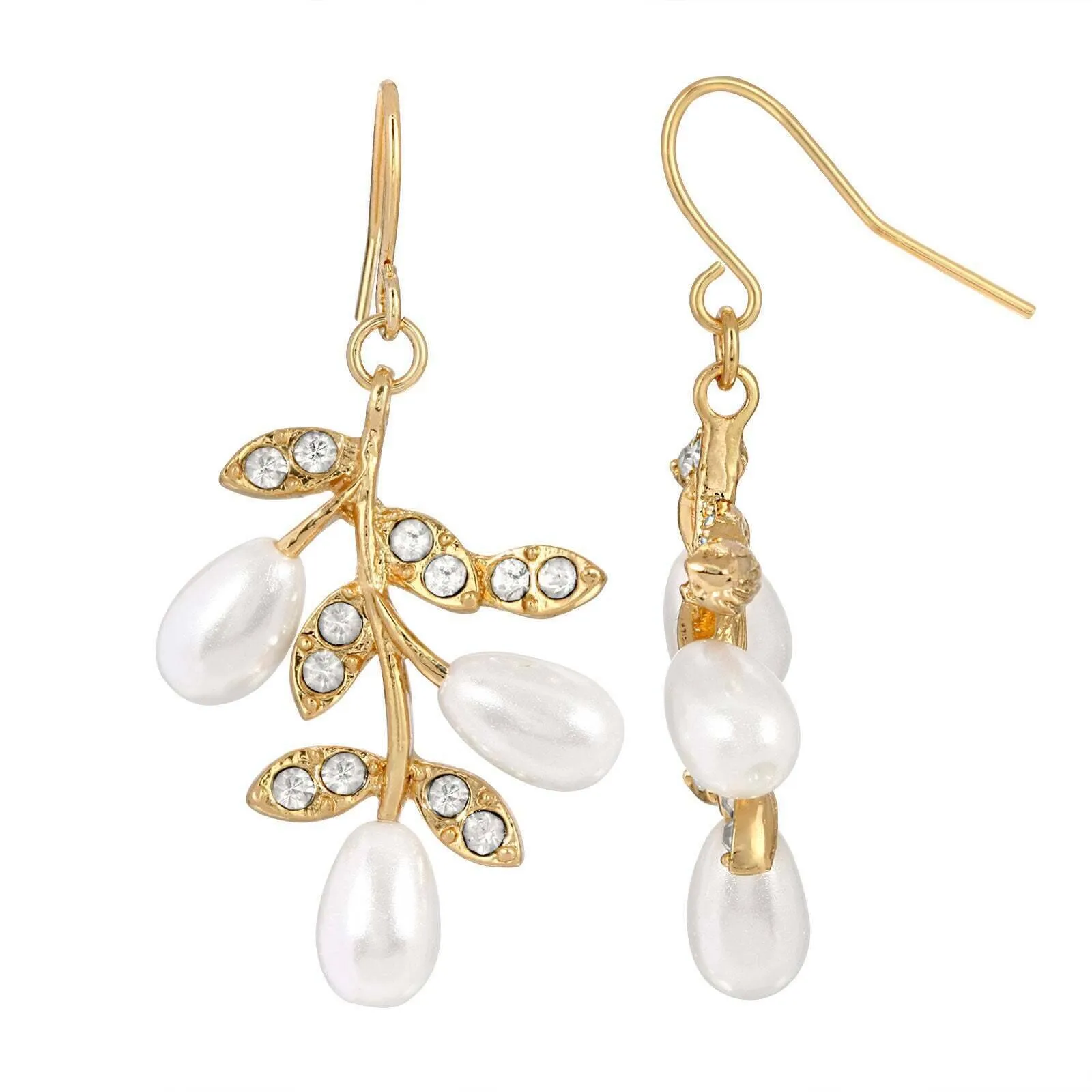 1928 Jewelry Crystal And Faux Pearl Leaf Drop Earrings