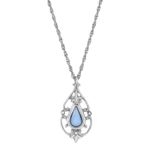 1928 Jewelry Faux Blue Moonstone Teardrop Fleur De Lis Pendant Necklace 16"   3 " Extender