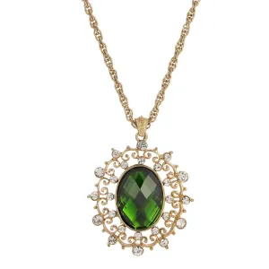 1928 Jewelry Green Stone And Crystal Large Oval Pendant Necklace 16"   3" Extender