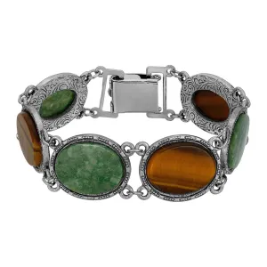 1928 Jewelry Oval Tigers Eye & Jade Gemstone Link Bracelet