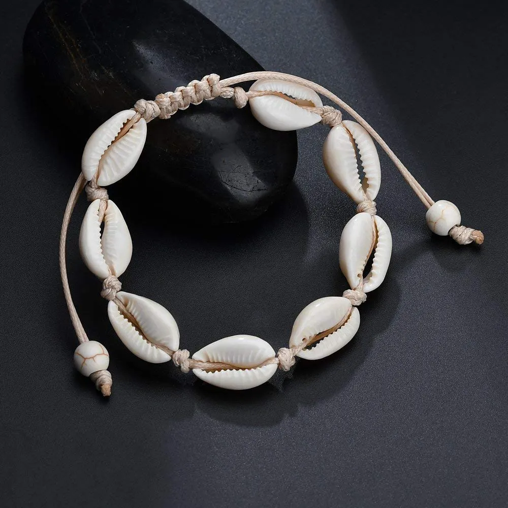 2 Pieces Handmade Boehmia Natural Cowrie Shell Anklet Seashell Ankle Bracelet Boho Beads Hawaii Foot Jewelry