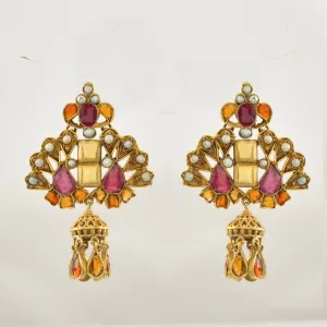 21A140 Multicolor Stone Gold Plated Chandelier Earrings