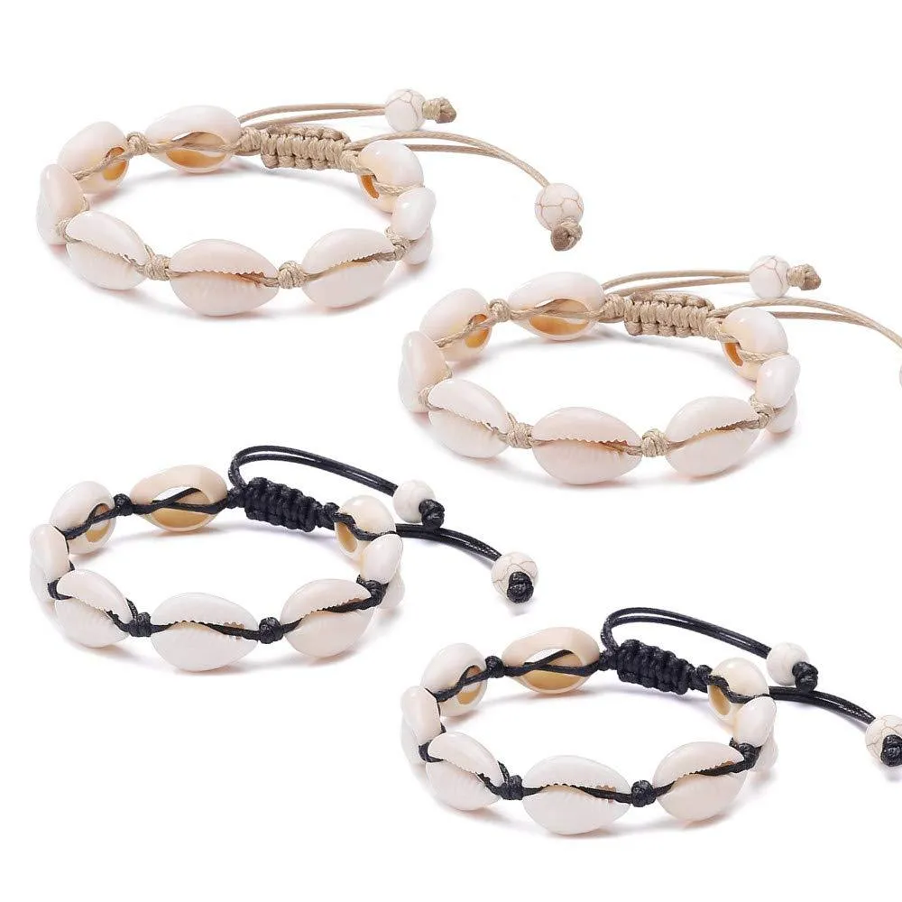 4 Pack Adjustable Shell Bracelets Anklets Set Natural Cowrie Shell Beads Puka Seashells Ankle Jewelry for Men Women