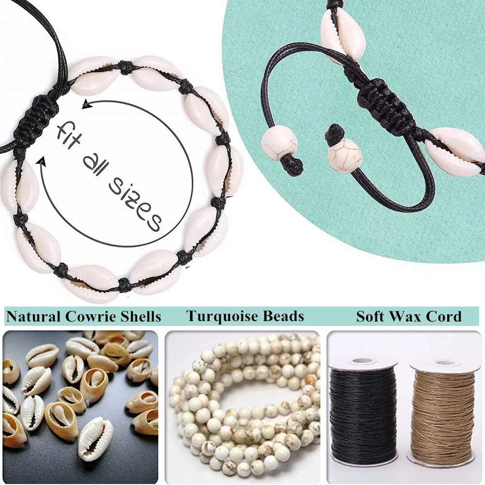 4 Pack Adjustable Shell Bracelets Anklets Set Natural Cowrie Shell Beads Puka Seashells Ankle Jewelry for Men Women