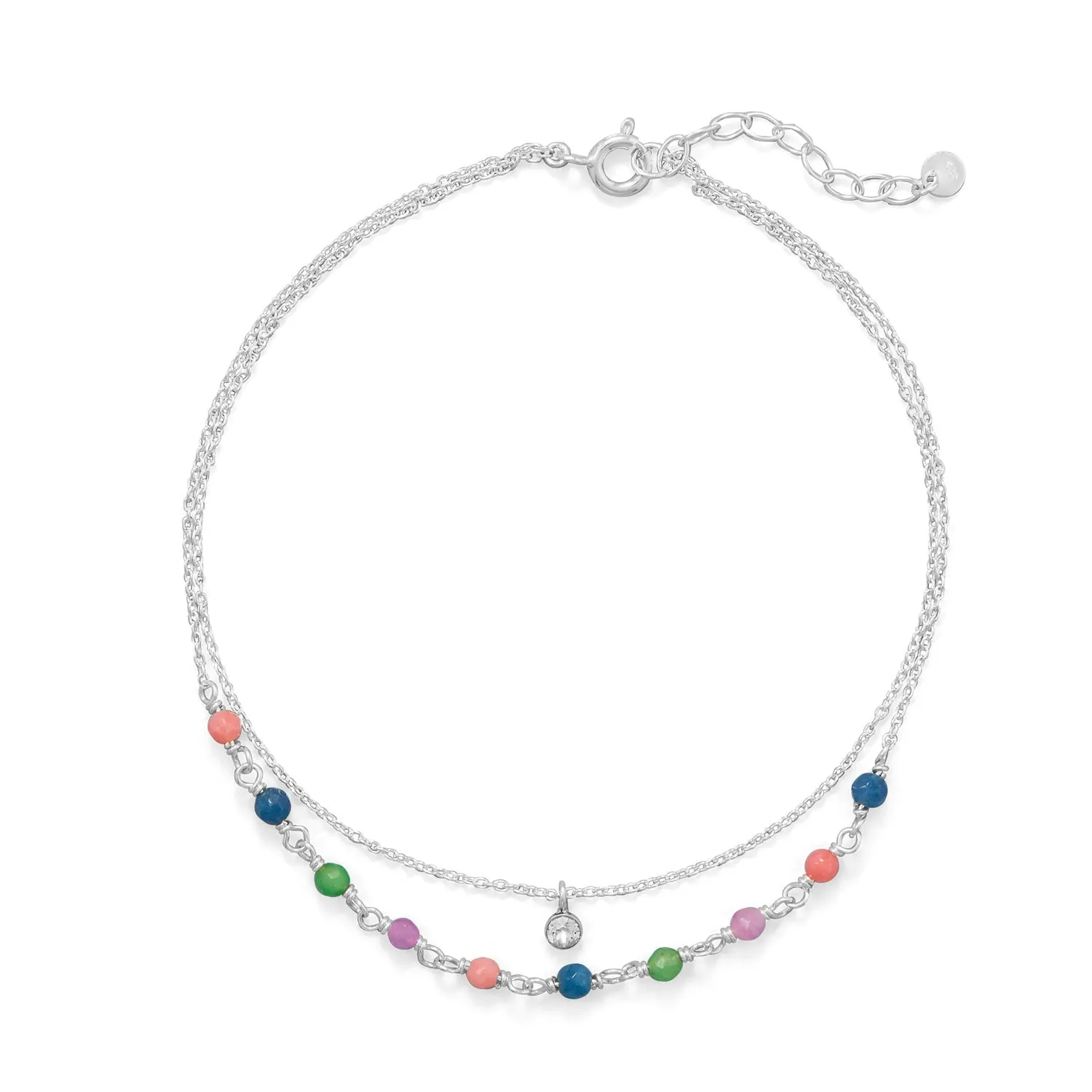 9"   1" Multi Color Jade and CZ Double Strand Anklet