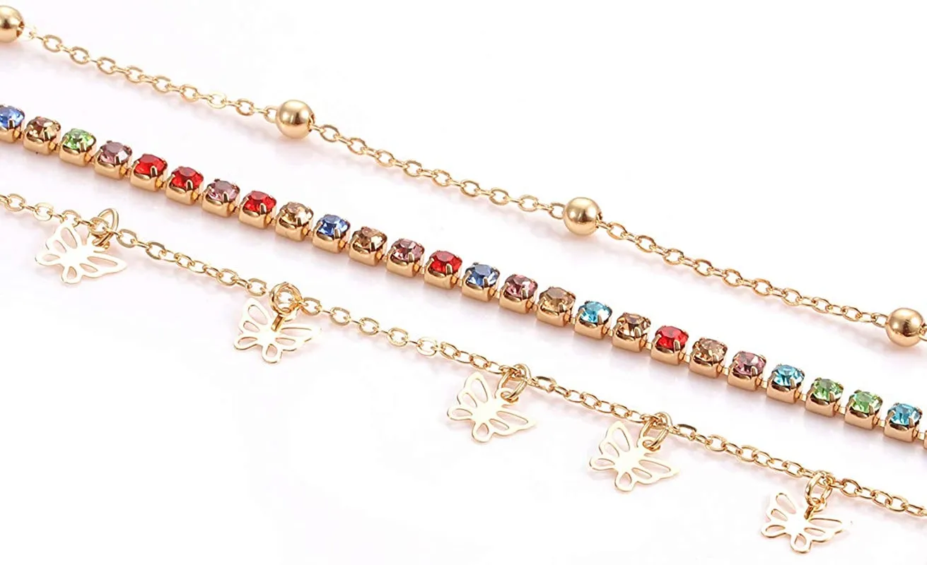 Anklets for Women Cute Charms Butterfly Ankle Bracelets Colorful Rhinestone Anklets Bohemia Layering Chain Anklets for Girls Summer Beach Foot Jewelry Set