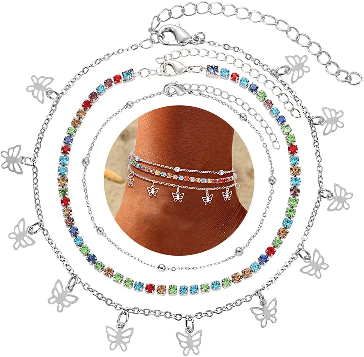 Anklets for Women Cute Charms Butterfly Ankle Bracelets Colorful Rhinestone Anklets Bohemia Layering Chain Anklets for Girls Summer Beach Foot Jewelry Set