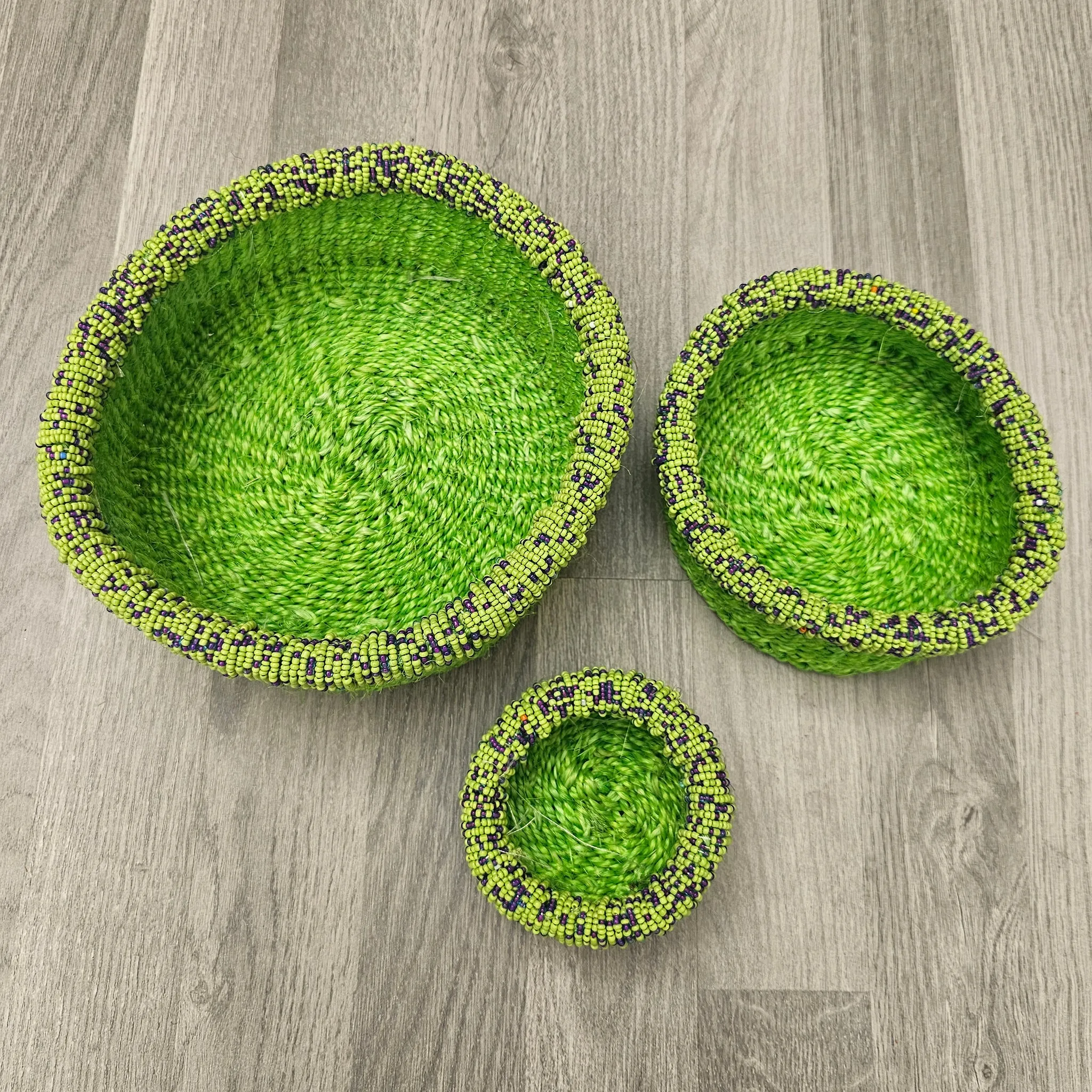 Beaded Kiondo Baskets – Green Sisal Basket - Set of 3