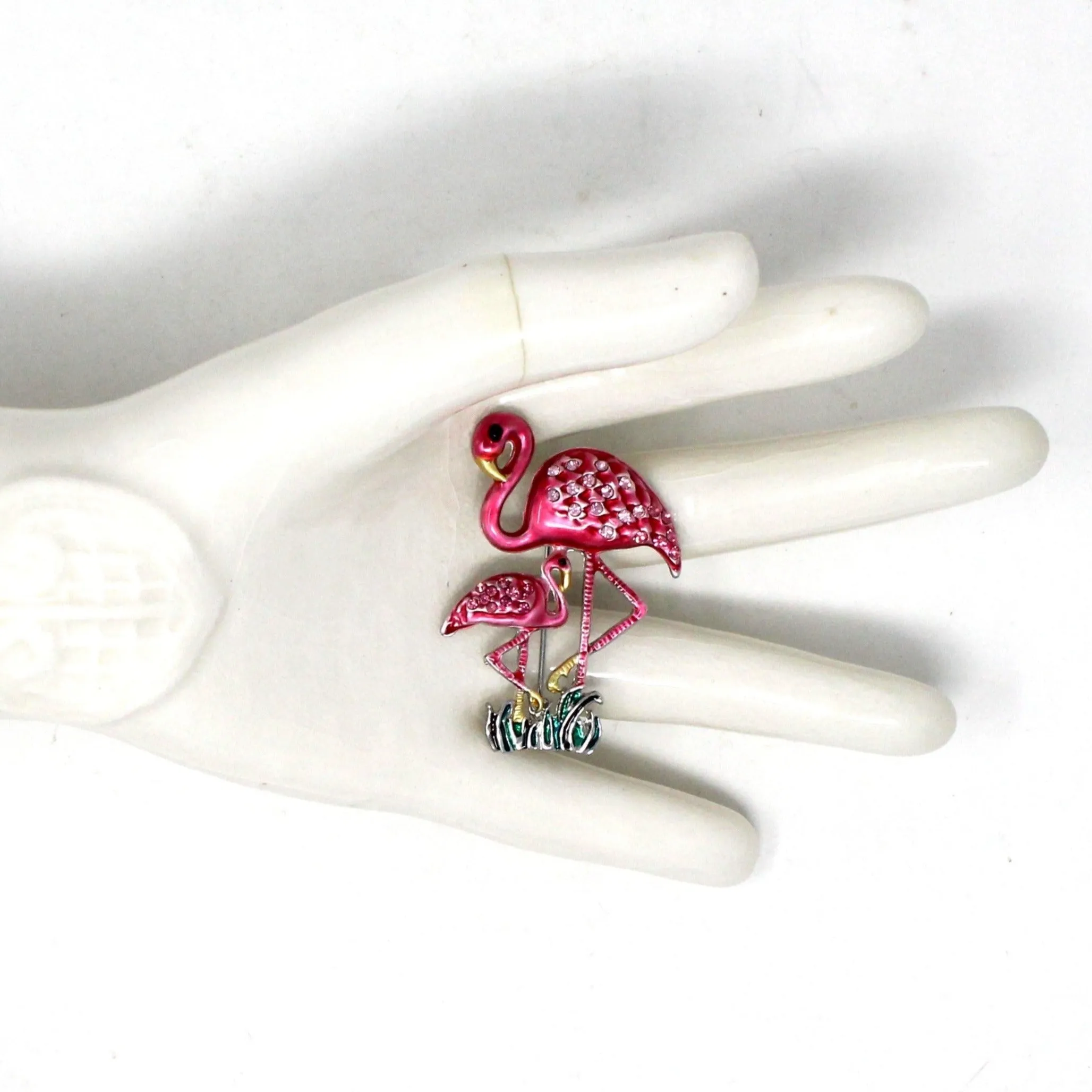 Brooch / Pin, Flamingo Mother & Chick, Pink Enamel & Rhinestones, Unmarked