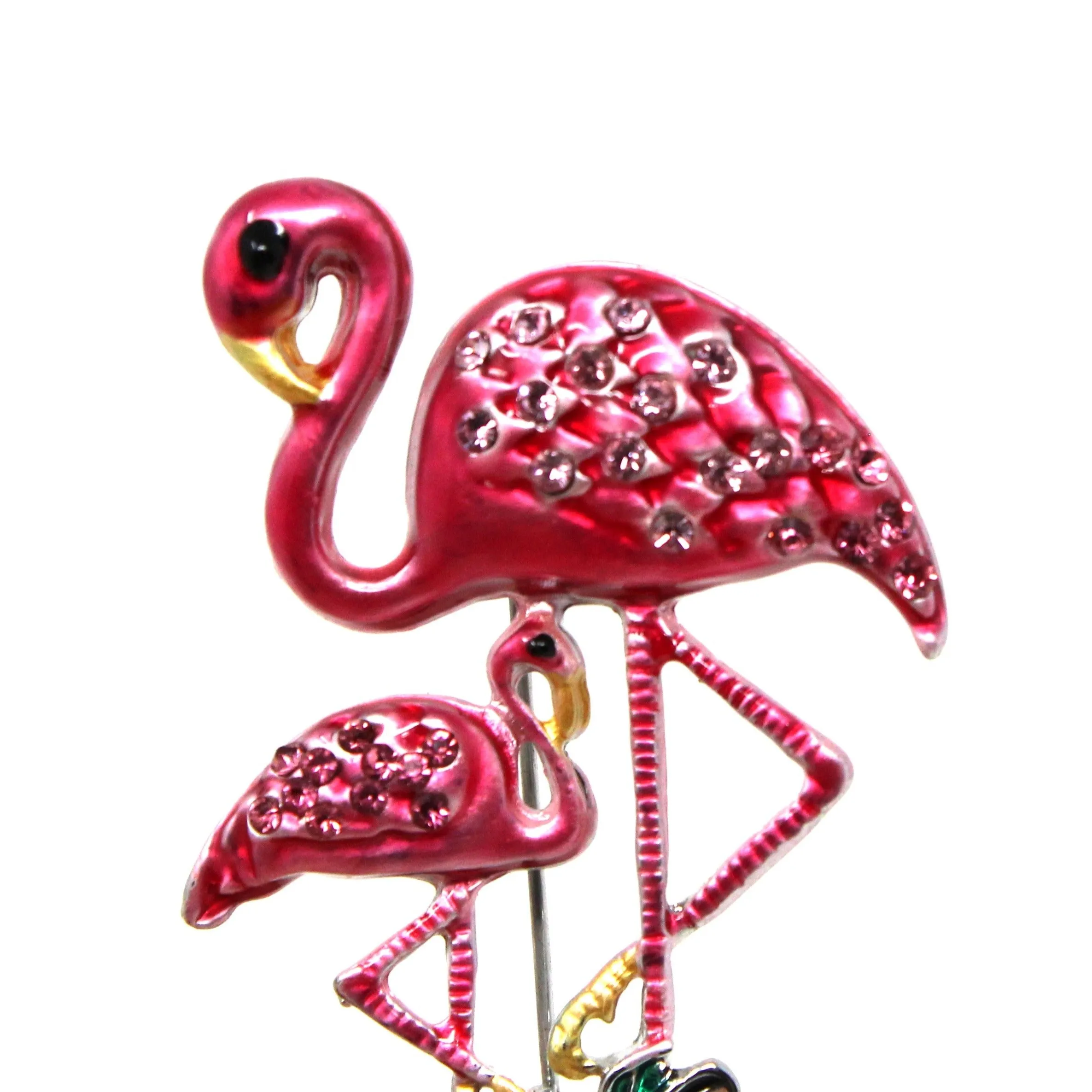 Brooch / Pin, Flamingo Mother & Chick, Pink Enamel & Rhinestones, Unmarked