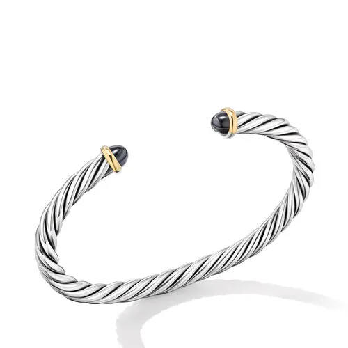 Cable Cuff Bracelet in Sterling Silver with 14K Yellow Gold and Hematine, Size Medium