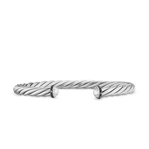 Cable Cuff Bracelet in Sterling Silver with Pavé Black Diamonds, 6mm, Size Medium