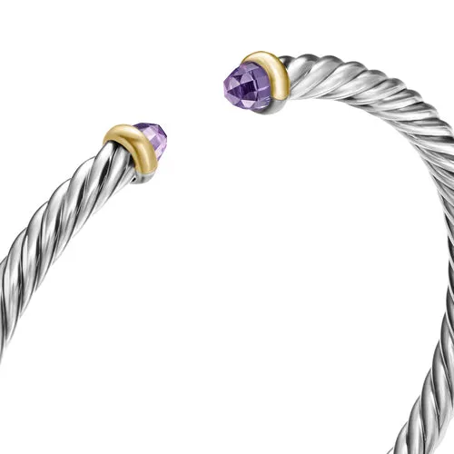 Cable Flex Bracelet in Sterling Silver with 14K Yellow Gold and Amethyst, 4mm