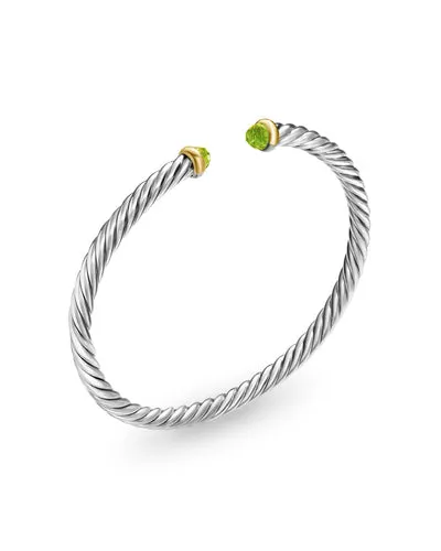 Cable Flex Bracelet in Sterling Silver with 14K Yellow Gold and Peridot, 4mm