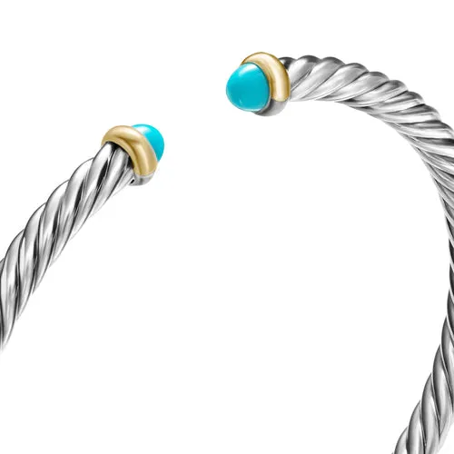 Cable Flex Bracelet in Sterling Silver with 14K Yellow Gold and Turquoise, 4mm