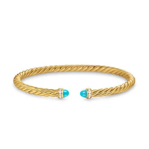 Cablespira Flex Bracelet in 18K Yellow Gold with Turquoise and Diamonds, 4mm, Size Medium