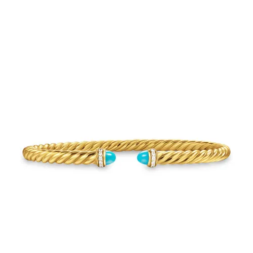 Cablespira Flex Bracelet in 18K Yellow Gold with Turquoise and Diamonds, 4mm, Size Medium