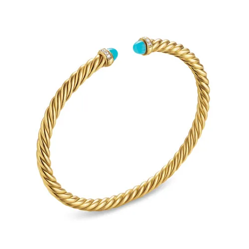 Cablespira Flex Bracelet in 18K Yellow Gold with Turquoise and Diamonds, 4mm, Size Medium