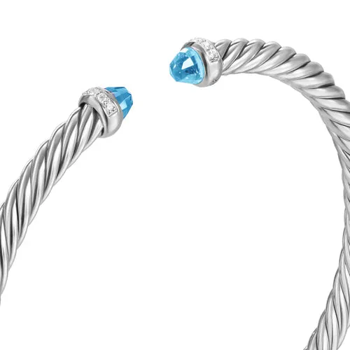 Cablespira Flex Bracelet in Sterling Silver with Blue Topaz and Diamonds, 4mm, Size Small