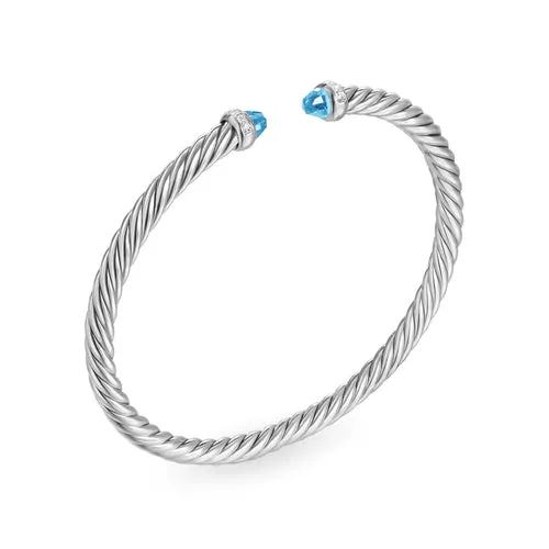 Cablespira Flex Bracelet in Sterling Silver with Blue Topaz and Diamonds, 4mm, Size Small