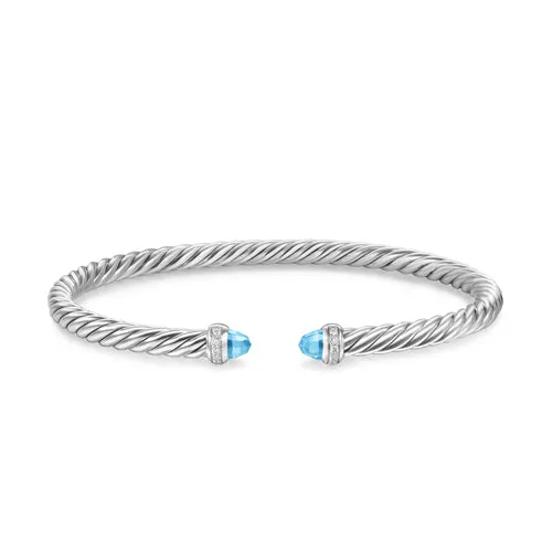 Cablespira Flex Bracelet in Sterling Silver with Blue Topaz and Diamonds, 4mm, Size Small