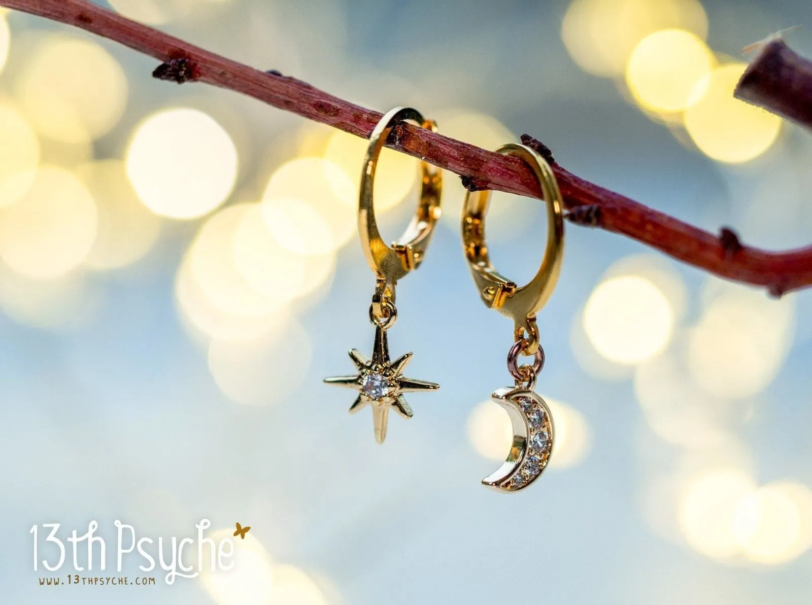 Cubic Zirconia moon and star gold huggie hoop earrings