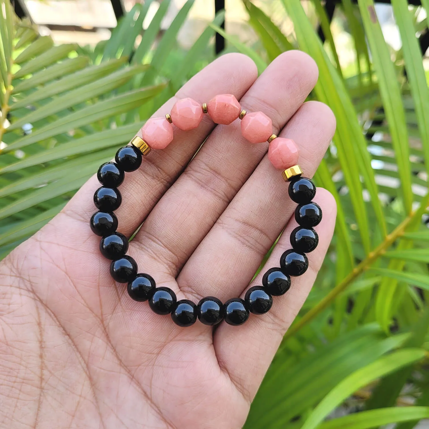 Diamond Cut Peach Moonstone With Black Obsidian And Golden Hematite Bracelet