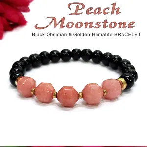 Diamond Cut Peach Moonstone With Black Obsidian And Golden Hematite Bracelet