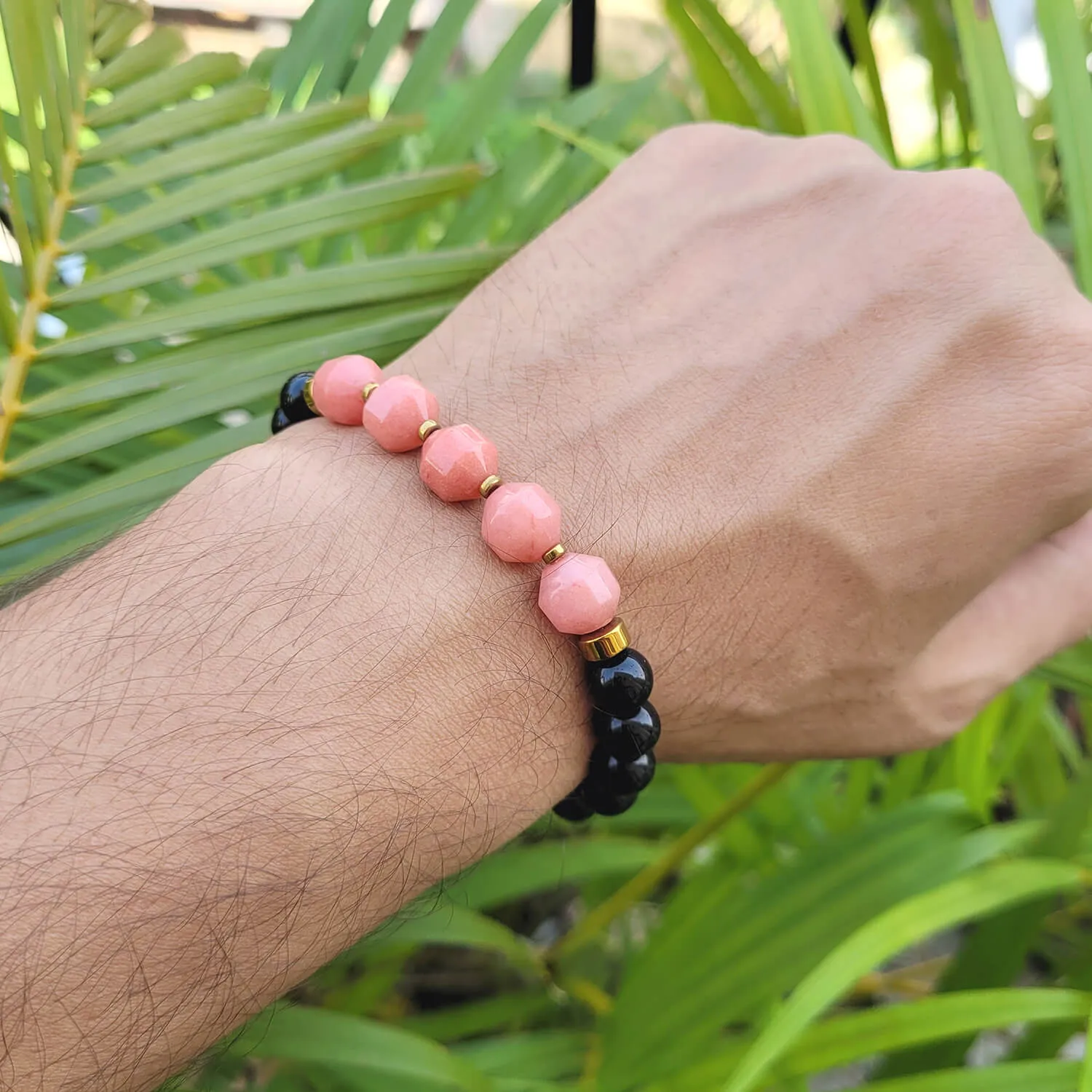 Diamond Cut Peach Moonstone With Black Obsidian And Golden Hematite Bracelet