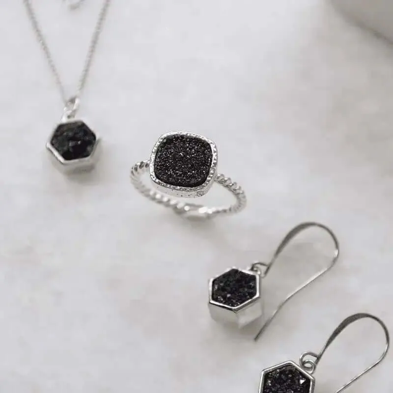 Druzy Hex Black Agate Earrings