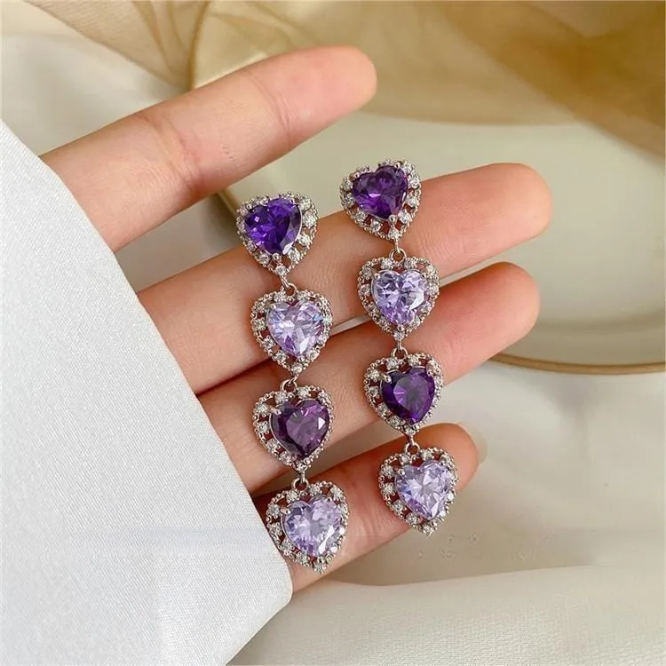 Elegant Purple Crystal Heart Dangle Earrings