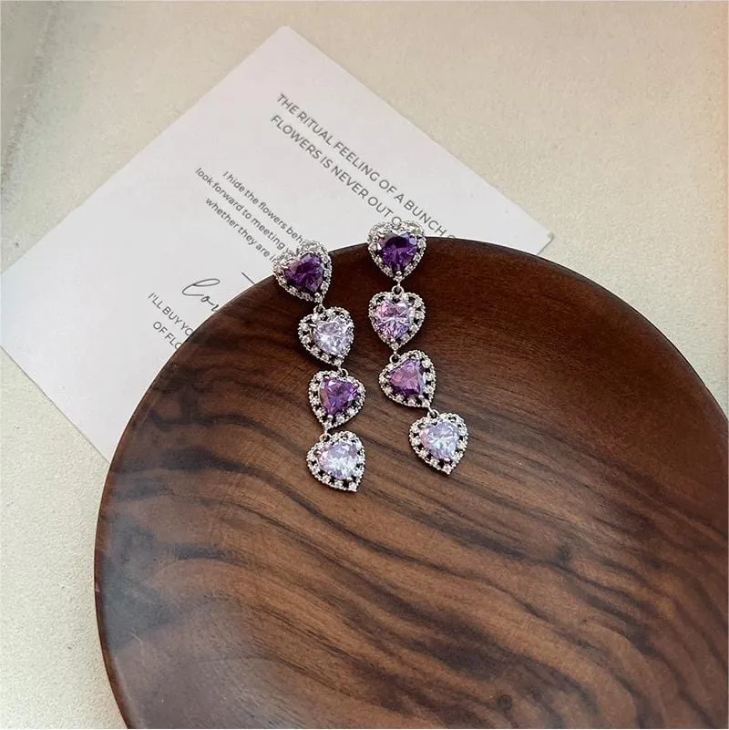 Elegant Purple Crystal Heart Dangle Earrings