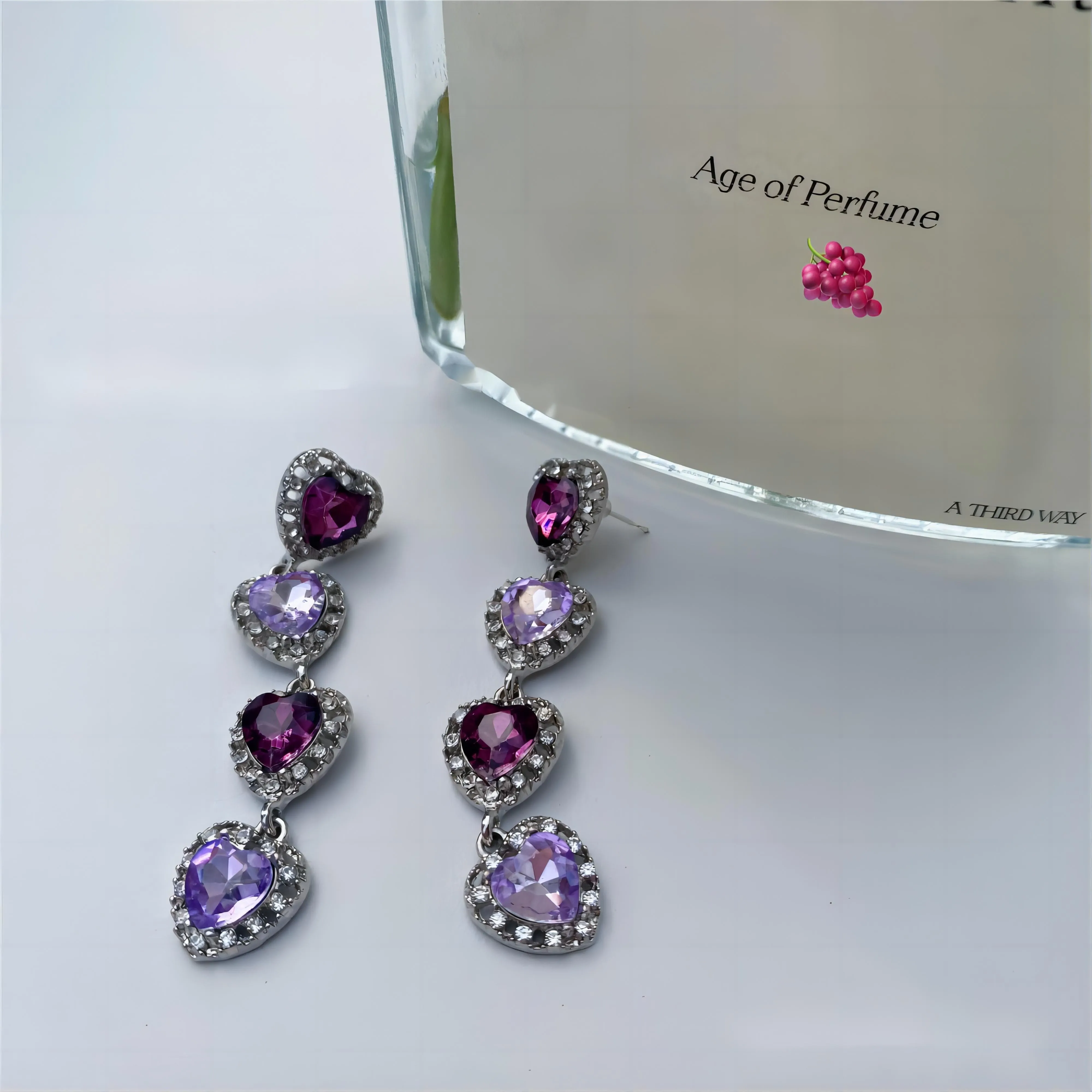 Elegant Purple Crystal Heart Dangle Earrings