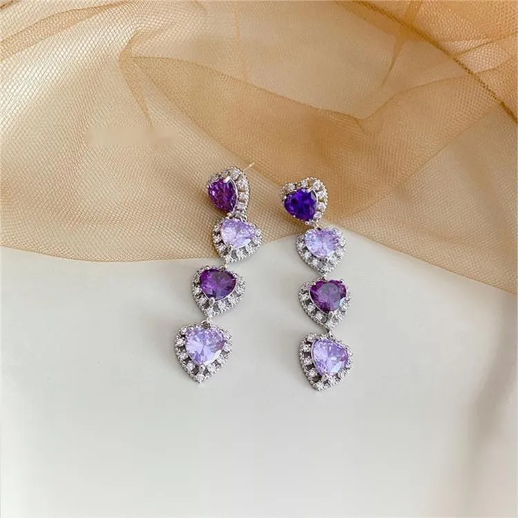 Elegant Purple Crystal Heart Dangle Earrings