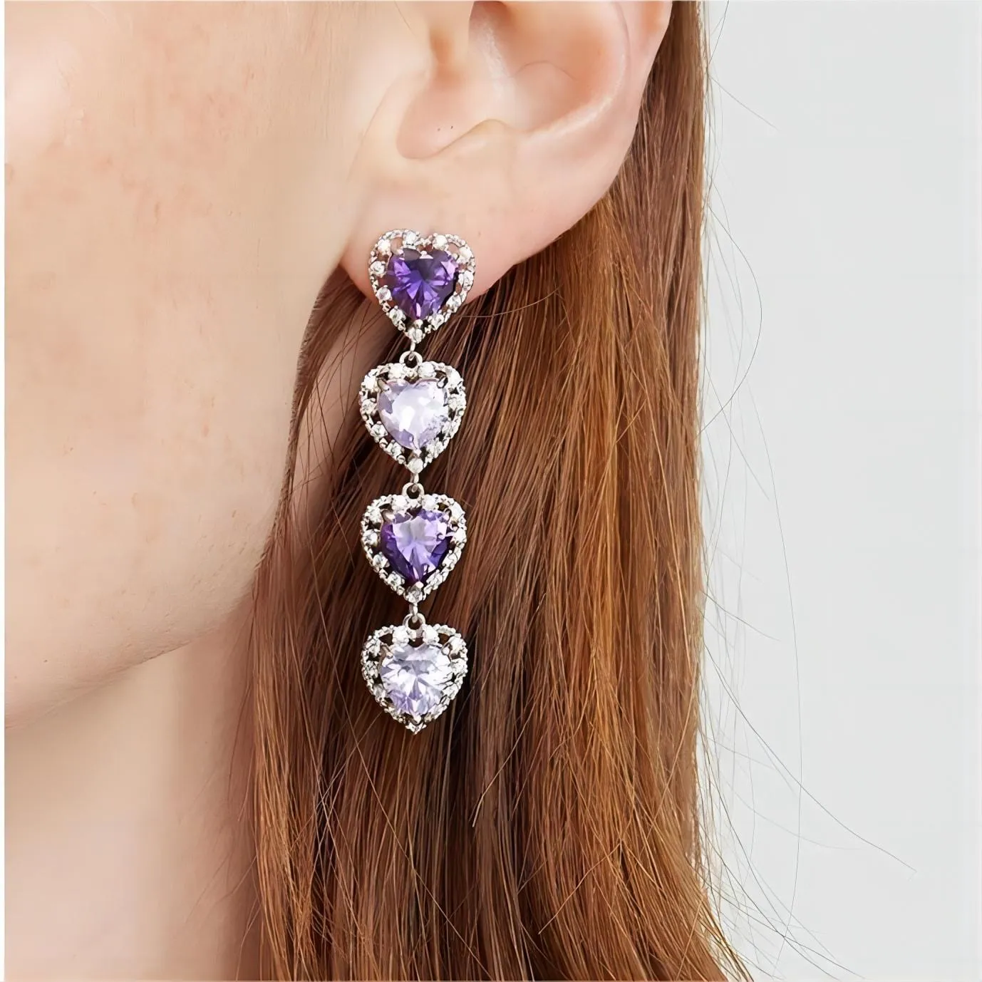 Elegant Purple Crystal Heart Dangle Earrings