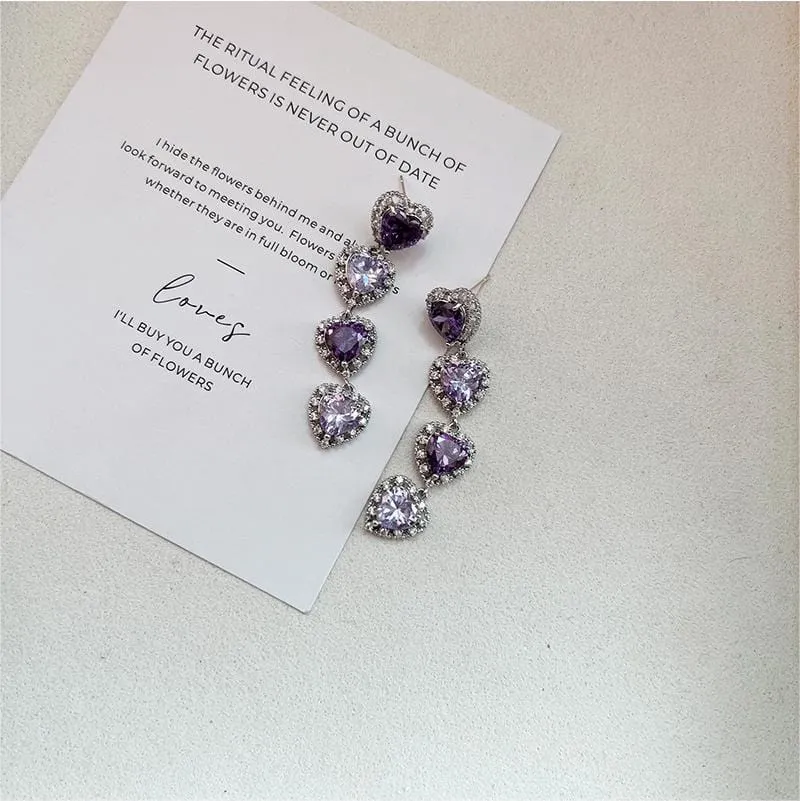 Elegant Purple Crystal Heart Dangle Earrings