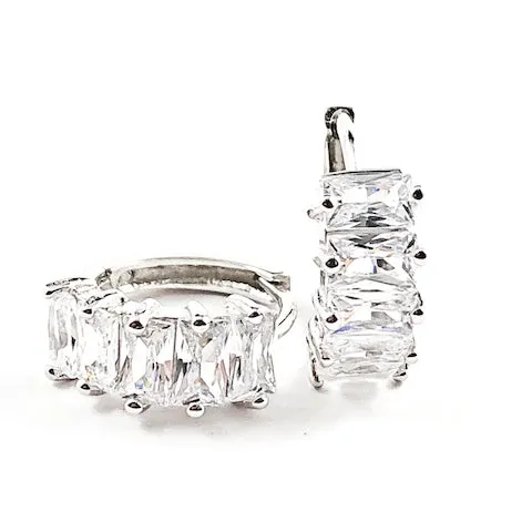 Elegant Rectangle Shape CZ Huggie Style Silver Earrings