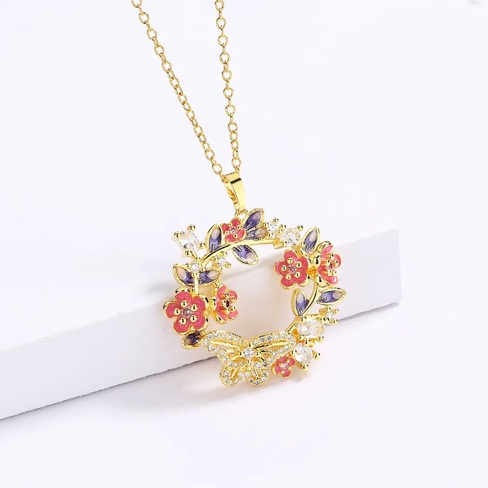 Fashion Jewelry Petite flowers Enamel Pendant Necklaces for Women with Zircon