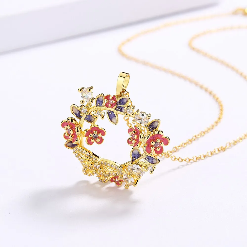 Fashion Jewelry Petite flowers Enamel Pendant Necklaces for Women with Zircon