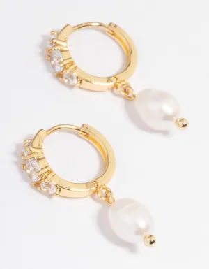 Gold Plated Freshwater Pearl Cubic Zirconia Small Huggie Hoop Earrings