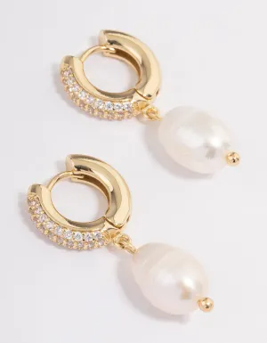 Gold Plated Freshwater Pearl Thick Huggie Earrings