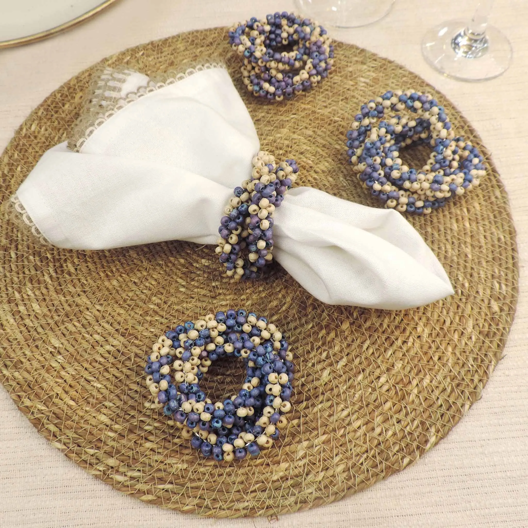 Hand Beaded Wooden Napkin Ring in Aqua & Cream, Set of 4