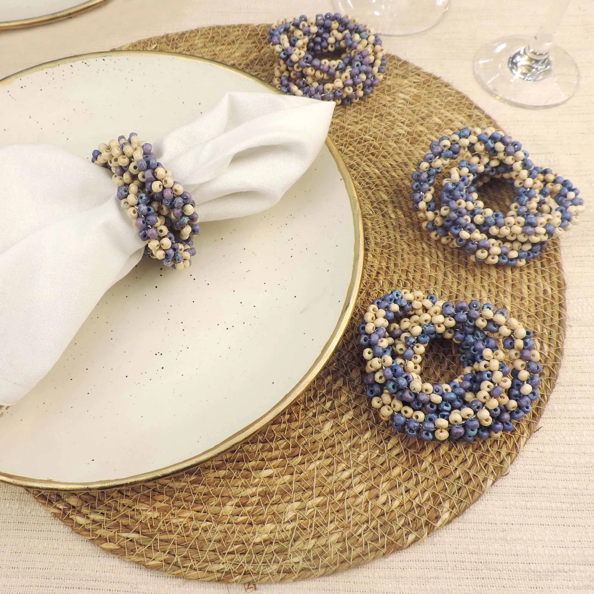 Hand Beaded Wooden Napkin Ring in Aqua & Cream, Set of 4