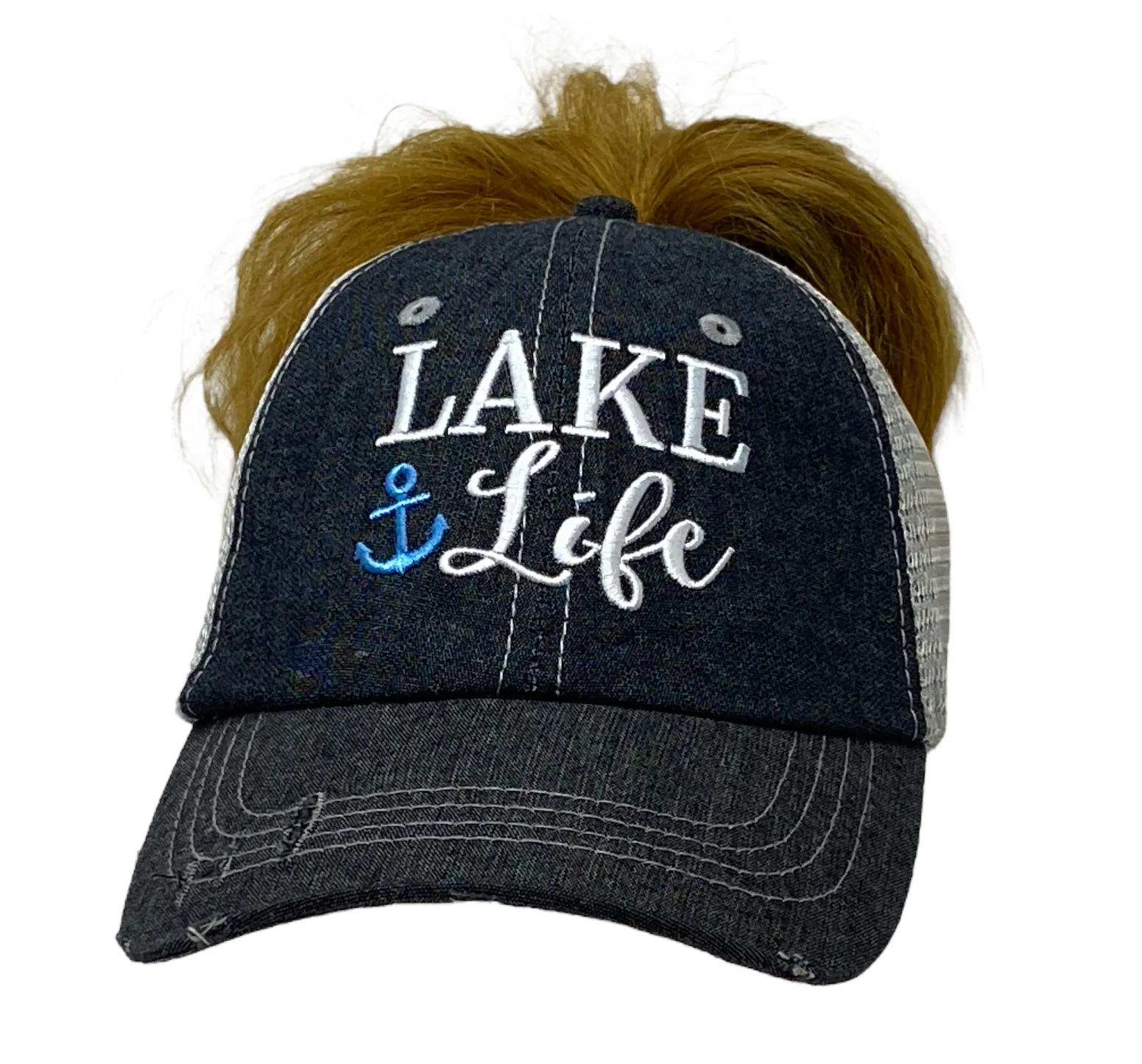 Lake Life MESSY BUN HIGH PONYTAIL Distressed Trucker Hat -299