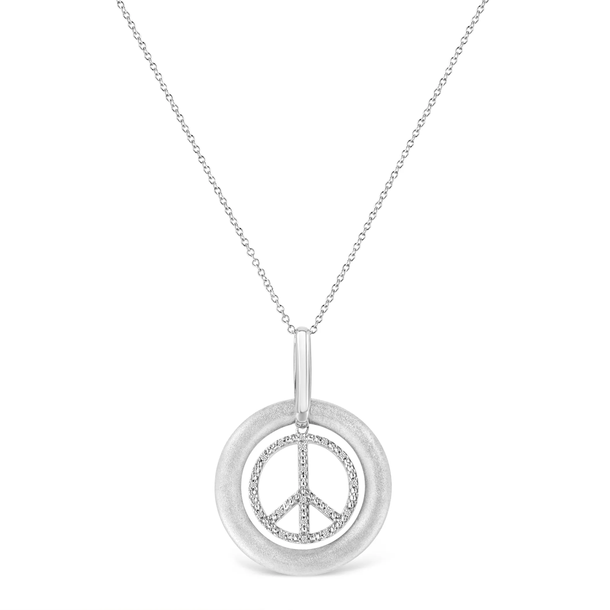 Matte Finish .925 Sterling Silver Diamond Accent Dancing Peace Sign 18" Pendant Necklace (I-J Color, I1-I2 Clarity)