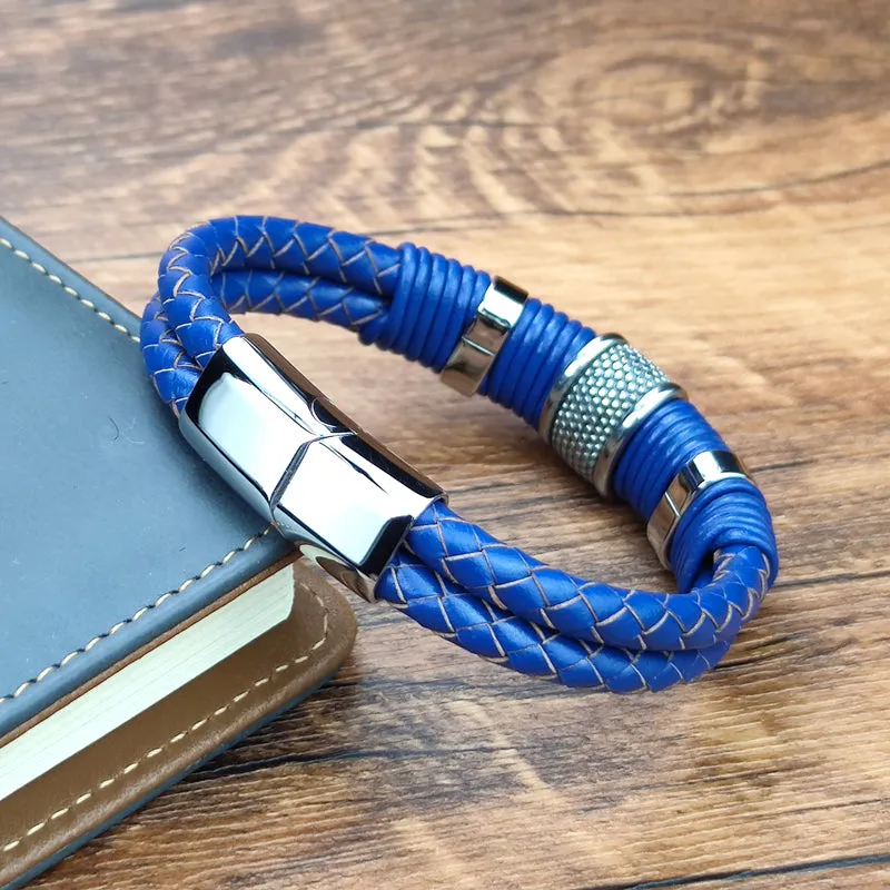 Men's Double Braided Royal Blue Leather Stainless Steel Bracelet