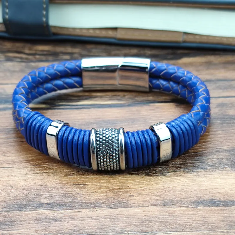 Men's Double Braided Royal Blue Leather Stainless Steel Bracelet