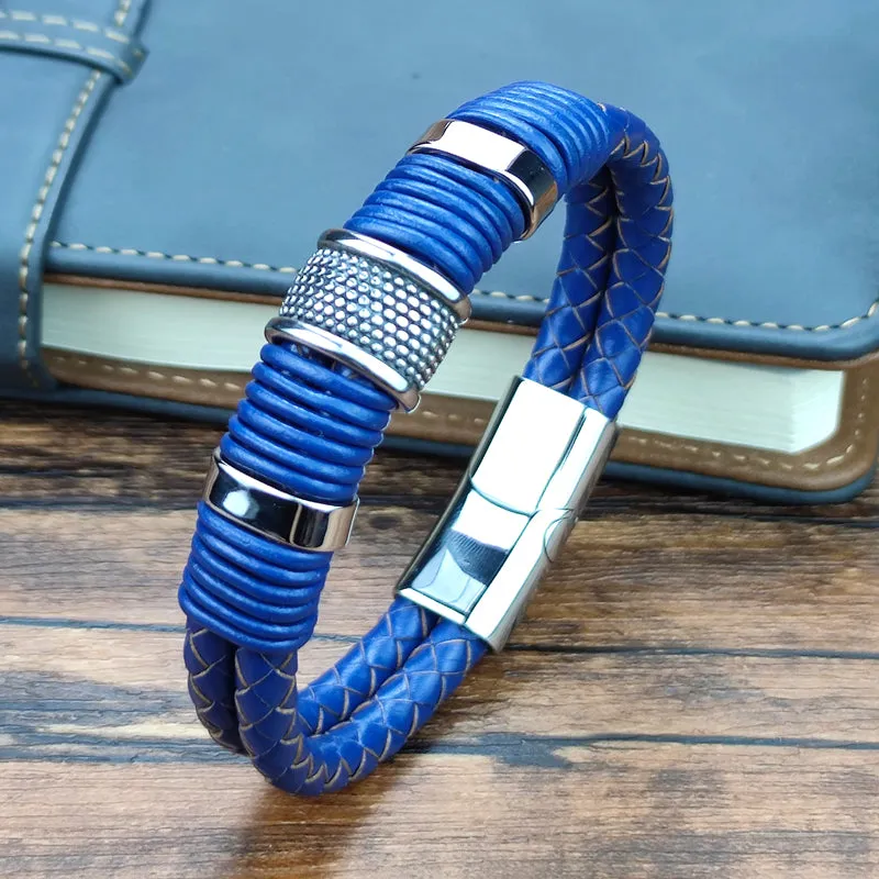 Men's Double Braided Royal Blue Leather Stainless Steel Bracelet